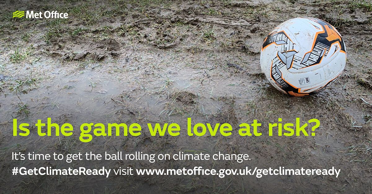 A football on top of wet mud with the text