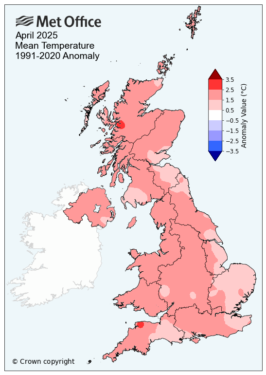 Map showing April 2025 mean temperature