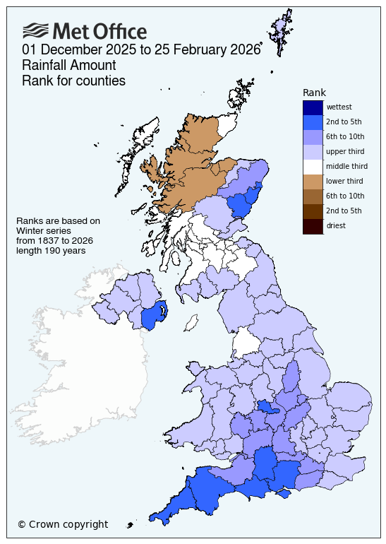 Map showing rainfall across different counties of the UK during winter 2026 and and how they rank