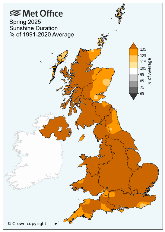 Map showing sunshine for the UK in spring.. very sunny