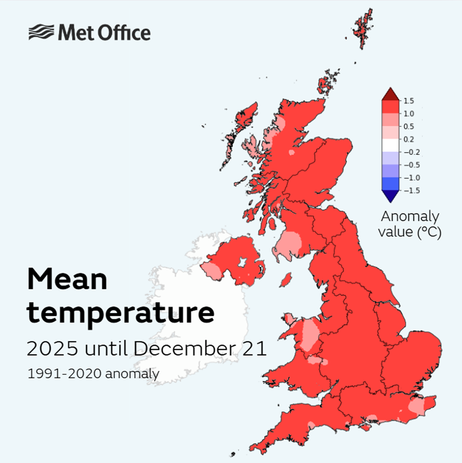 UK temperature map expressed as values in C above average