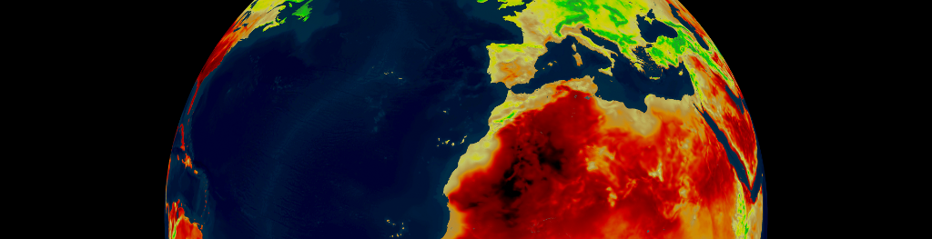 The Earth globe viewed from space and showing land masses in different colours according to temperature, from blue to red. The Earth globe viewed from space and showing land masses in different colours according to temperature, from blue to red.