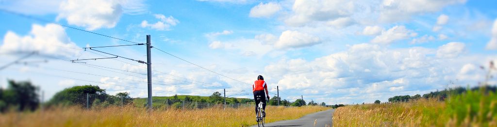Back on man cycling on an empty road in summer Back on man cycling on an empty road in summer