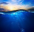 Sea water shown above and below surface with blue sky in background