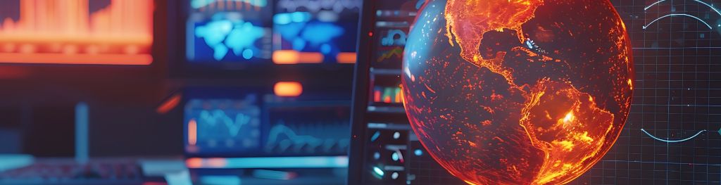 laptop with a globe on screen and science data on screens in the background laptop with a globe on screen and science data on screens in the background
