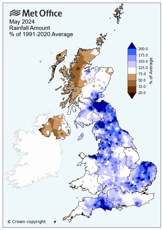 Map showing rainfall in May 2024 in the UK compared to average. The map shows it was wetter than average in the south, but drier in the north.