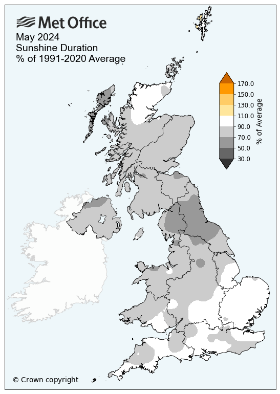 Map showing UK sunshine hours in May 2024 compared to average. The map shows a duller than average month for most.