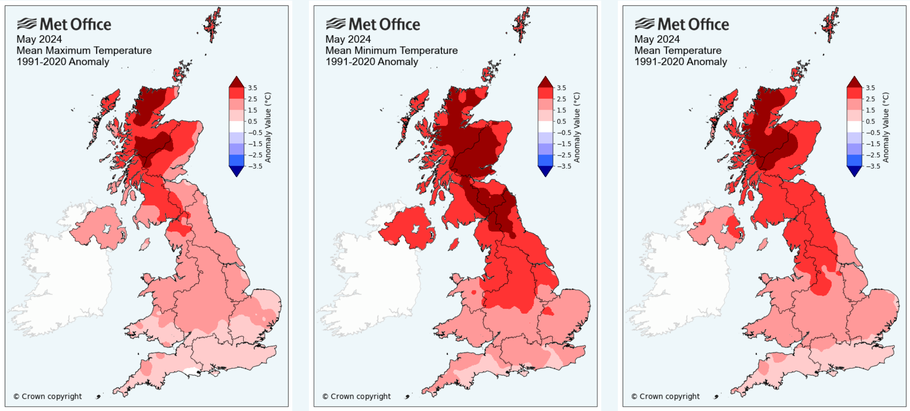 Maps of the UK showing temperatures compared to average in May 2024. The maps show above average temperatures for the month.