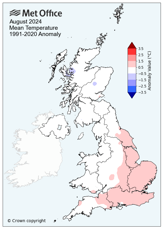 Map showing monthly mean temperature for August 2024, warmer in the southeast