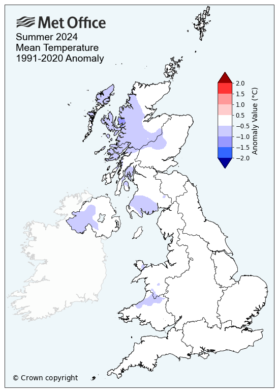 Map showing cooler than average temperatures for summer 2024