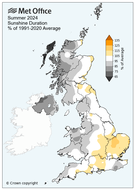 Map showing sunshine for summer 2004, showing sunniest in southeast and cooler in the north