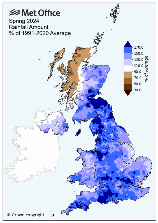 Map showing UK spring rainfall in 2024 compared to average. The map shows a wetter than average season for many, with only those in the far north drier than average.