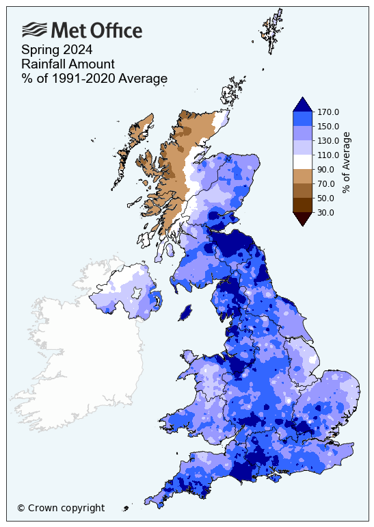 Map of the UK showing rainfall compared to average for Spring 2024. The map shows much of the UK covered in blue meaning above average rain.