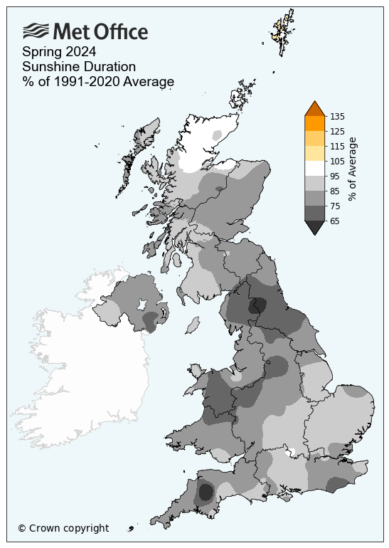 Spring 2024 sunshine compared to average in the UK. The map shows a duller than average season.
