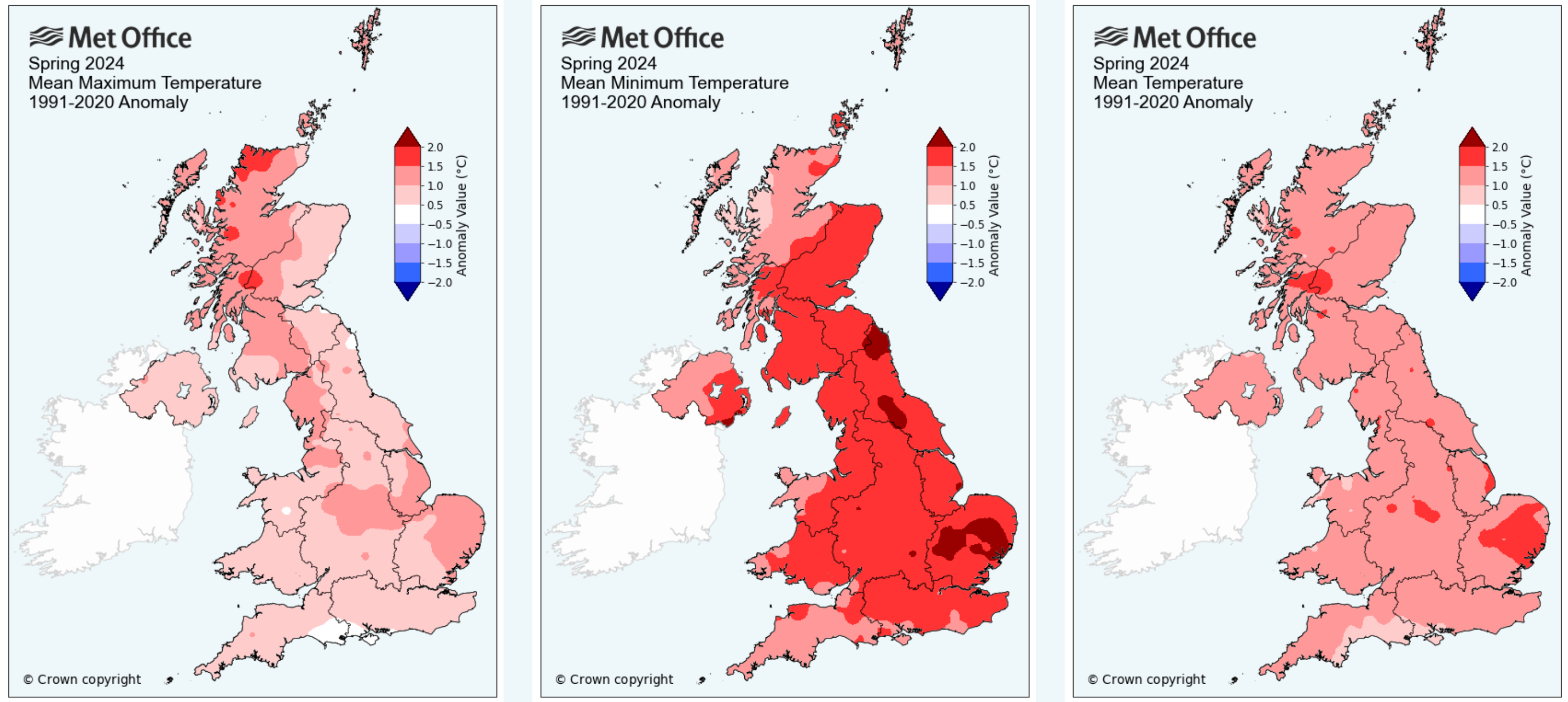Maps showing UK mean temperature in spring 2024 compared to average. The maps show above average temperatures.