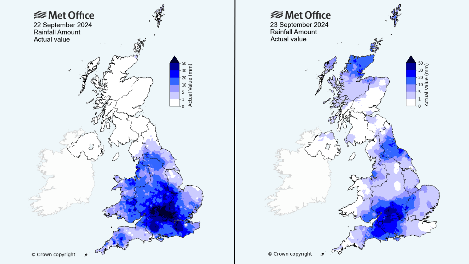 Side-by-side maps of the UK's actual rainfall totals on 22 and 23 September 2024. The maps show how much of central and southern England was very wet.