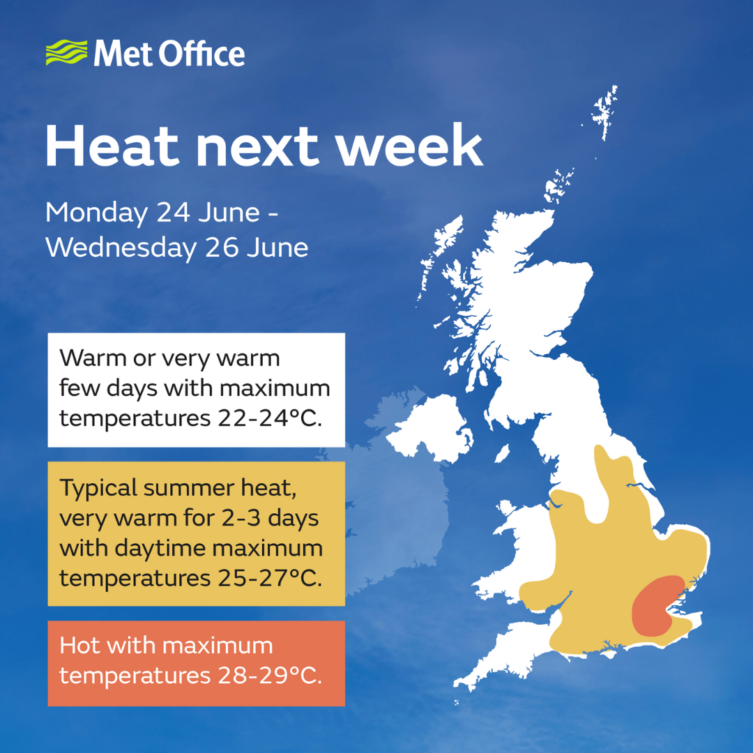 Heat next week map of the UK. The map shows the peak of temperatures are likely around London - up to 29C. Elsewhere will also be warm, more so in the south.