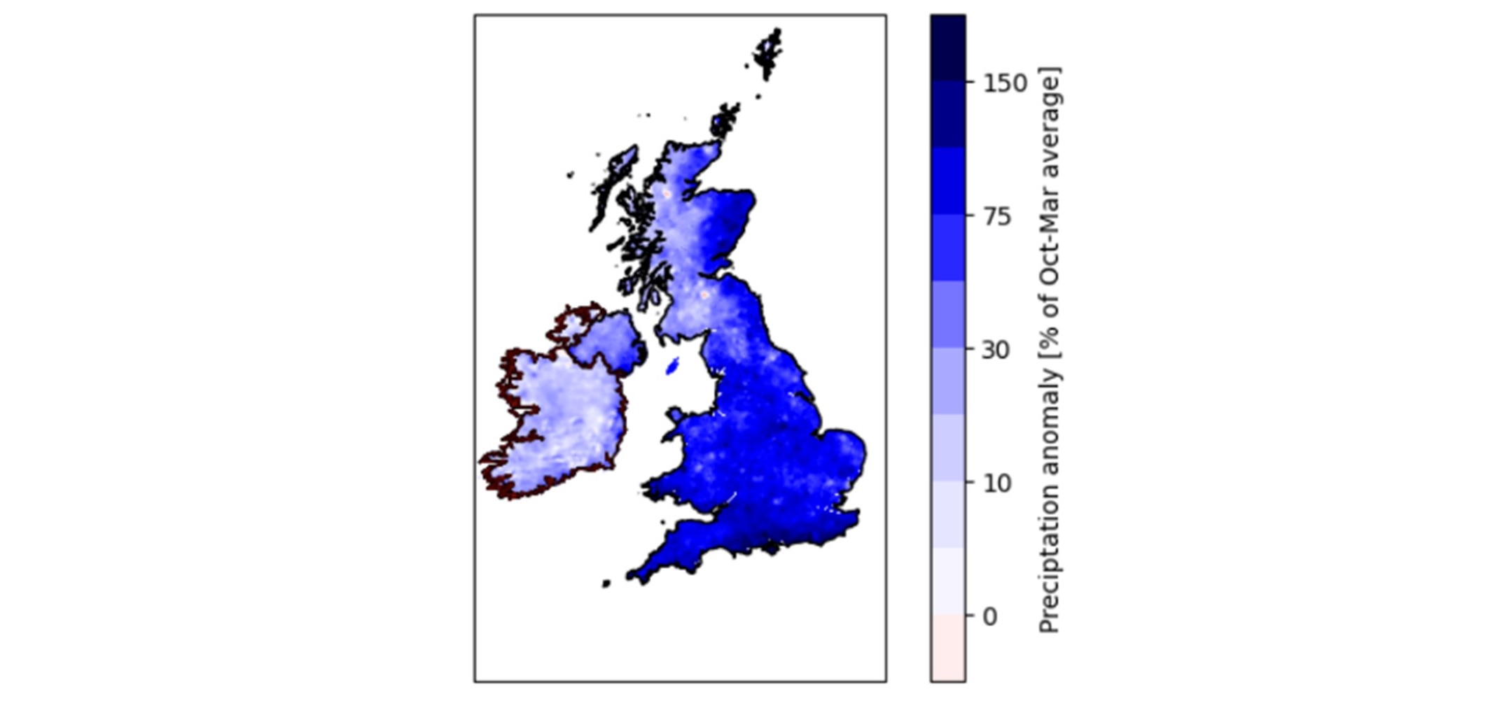 Map of the UK and Ireland showing October 2023 - March 2024 rainfall compared to the 1991/92 - 2020/21 average. It shows dark blues in many regions indicating the significantly wet period between October 2023 and March 2024.