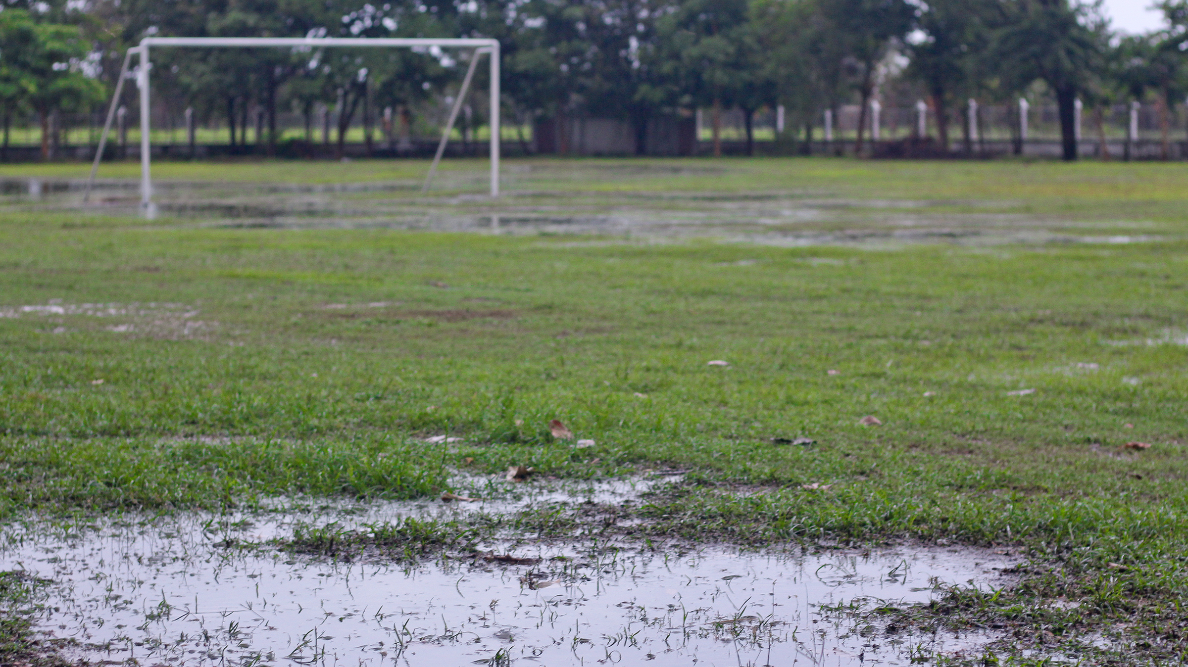 A flooded football pitch.