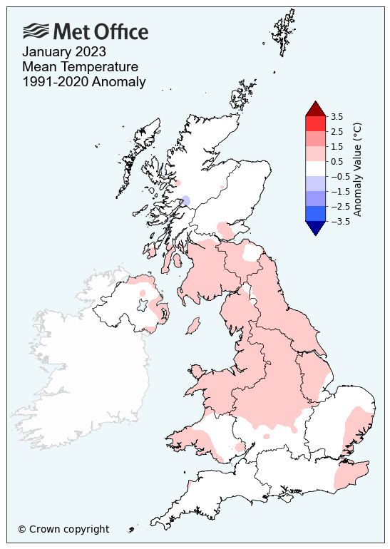 A map of the UK showing mean temperatures in January 2023.