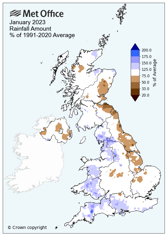 A map of the UK showing rainfall in January 2023.