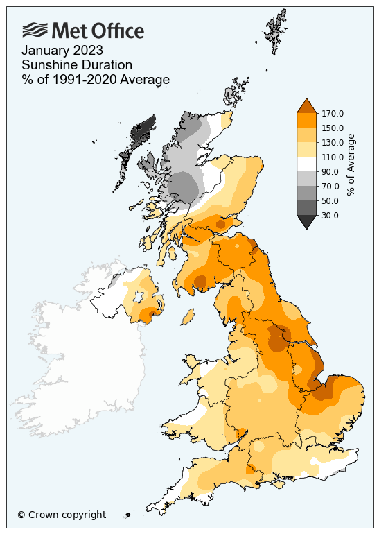 A map of the UK showing sunshine in January 2023.