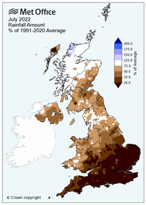 A map of the UK showing the July 2022 rainfall amount as a percentage of the average rainfall from 1991-2020.
