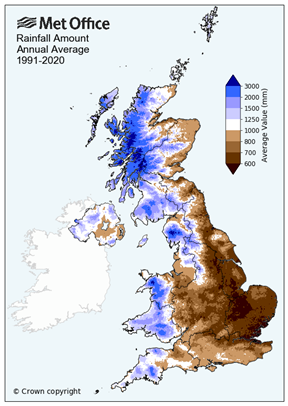 A map of the UK showing annual average rainfall from 1991-2020.