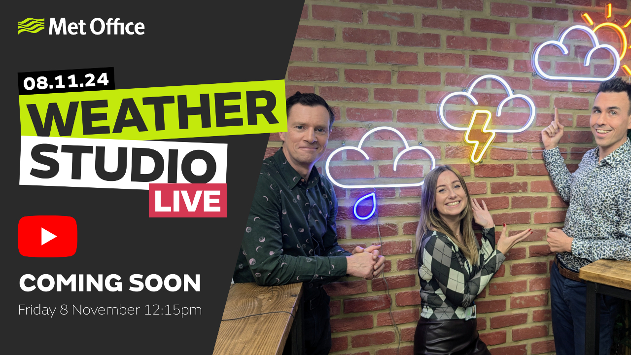 Weather Studio Live - Coming soon on Friday 8 November 12:15pm. Image with presenters in the studio.