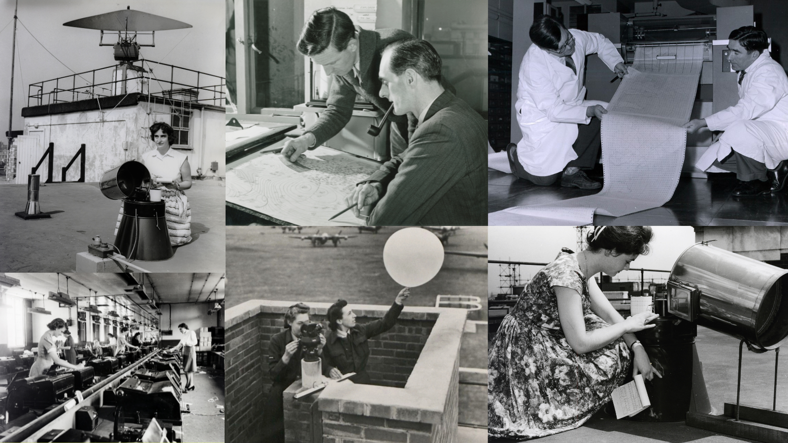 Collage of historical Met Office images in black and white. Top left a lady taking a rainfall gauge measurement. Middle top wartime chart drawing. Top right two people examining the output from an early supercomputer. Bottom left inside the office working. Middle bottom an observation balloon being released. Bottom right observations being taken.