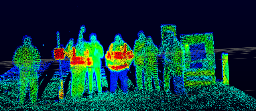 Lidar image of people to show what the sensor can see. The outline of the people is clear against a black background with bright colours depicting the humans in the image.