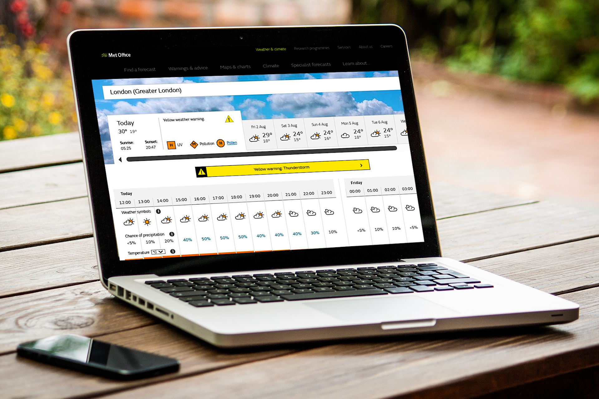 Laptop on an outside table displaying the Met Office website forecast for London.