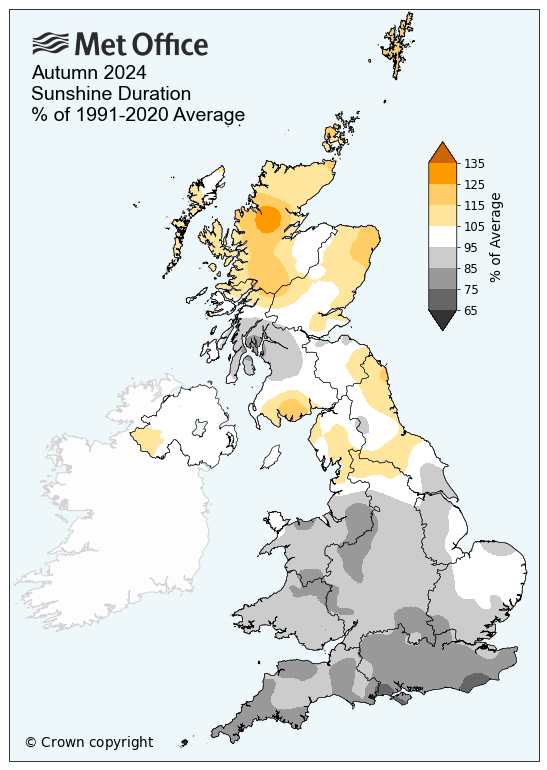 Map showing Autumn sunshine - sunnier in the north