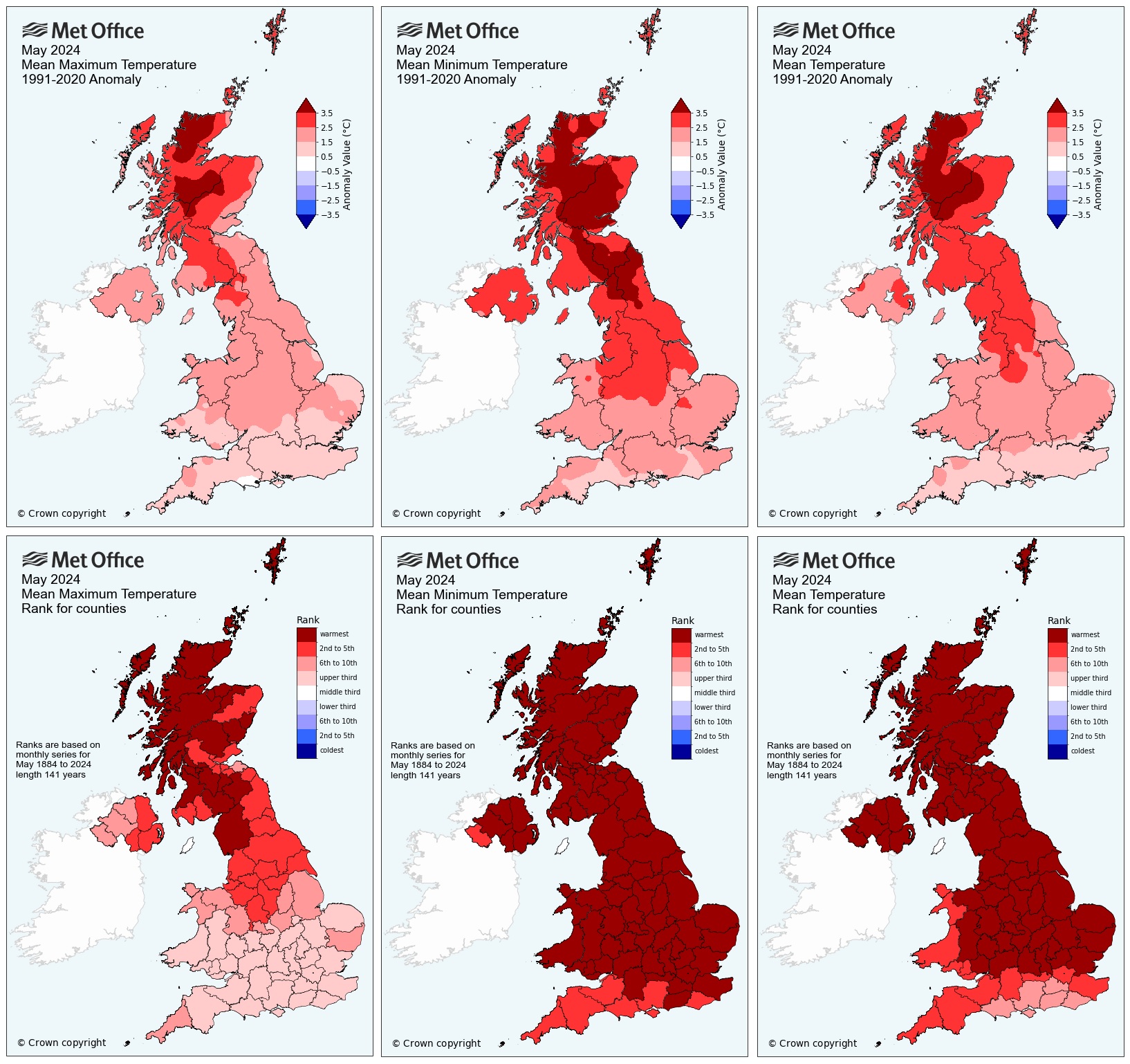 Maps of the UK showing the extent of record breaking temperatures in May 2024.