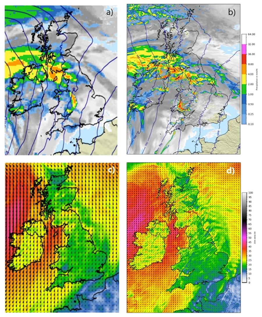 Maps for wind speed and rainfall across the UK during Storm Kathleen showing different resolution output with much more detail in the high resolution.