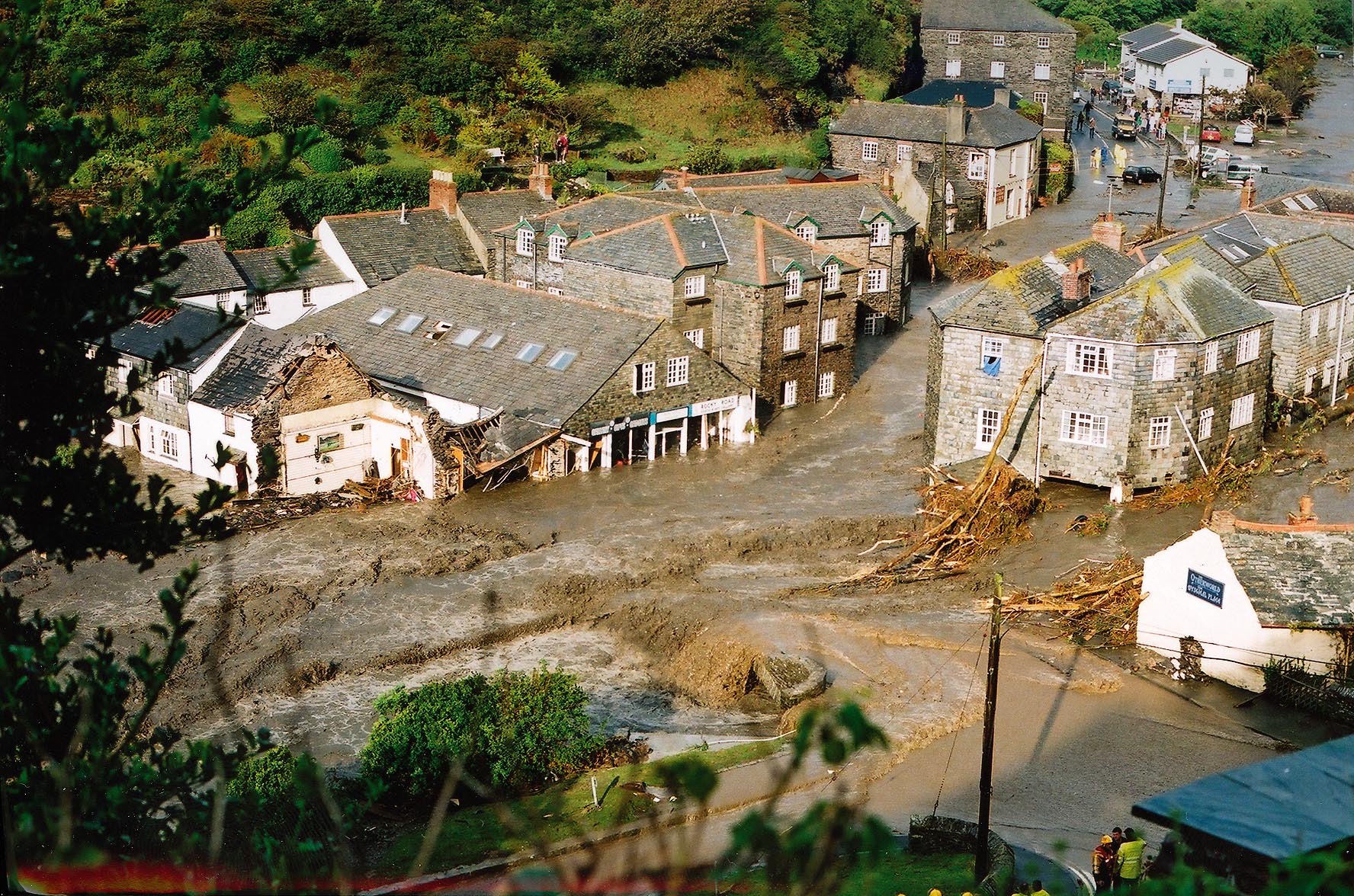 Arial image of Boscastle flooding with water running through the village causing destruction.