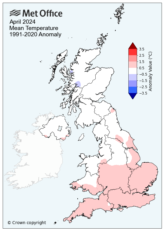 Map of the UK showing mean temperature for April 2024. The map is a light red in the south of the UK indicating slightly above average temperatures while the northern half of the map including Northern Ireland and Scotland is white indicating around average temperature for the month.