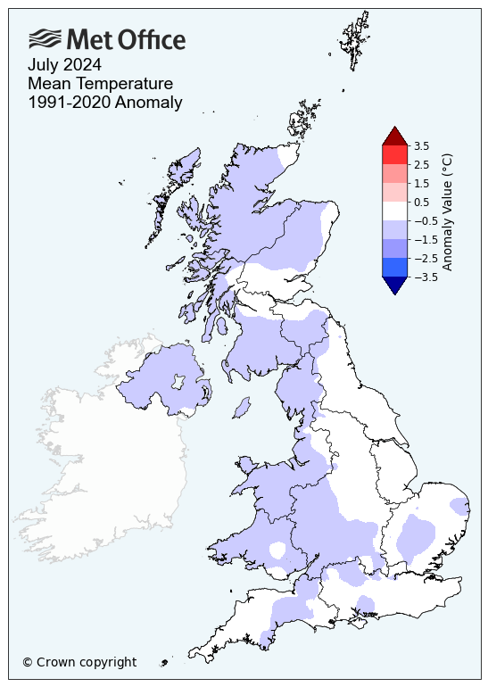 Map of the UK showing July 2024 Mean temperature, much of the map is blue in indicating below average temperature.