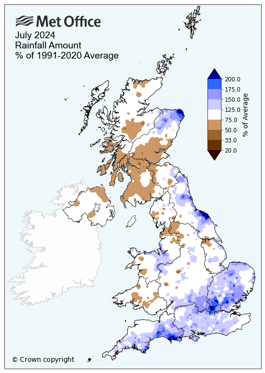 Map of the UK showing rainfall for July 2024 compared to average. The south and East of the UK are blue indicating wetter than average, areas in the west and north west are brown indicating drier than average.