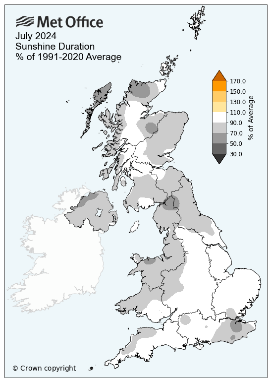 Map of the UK showing sunshine duration for July 2024. Much of the map is grey indicating lower than average sunshine hours.