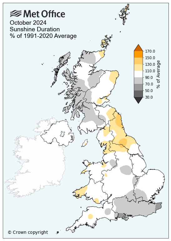 Map of the UK showing sunshine hours compared to average for October 2024. Northern Ireland and Wales are shown in white indicating average sunshine hours. Scotland is shown in grey in the west indicating lower than average sunshine wile the east is white. In England the north is yellow and the south grey indicating more sunshine than average in the north and below average in the south.