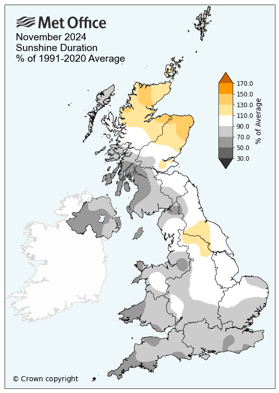 Map showing November sunshine - sunnier in the north