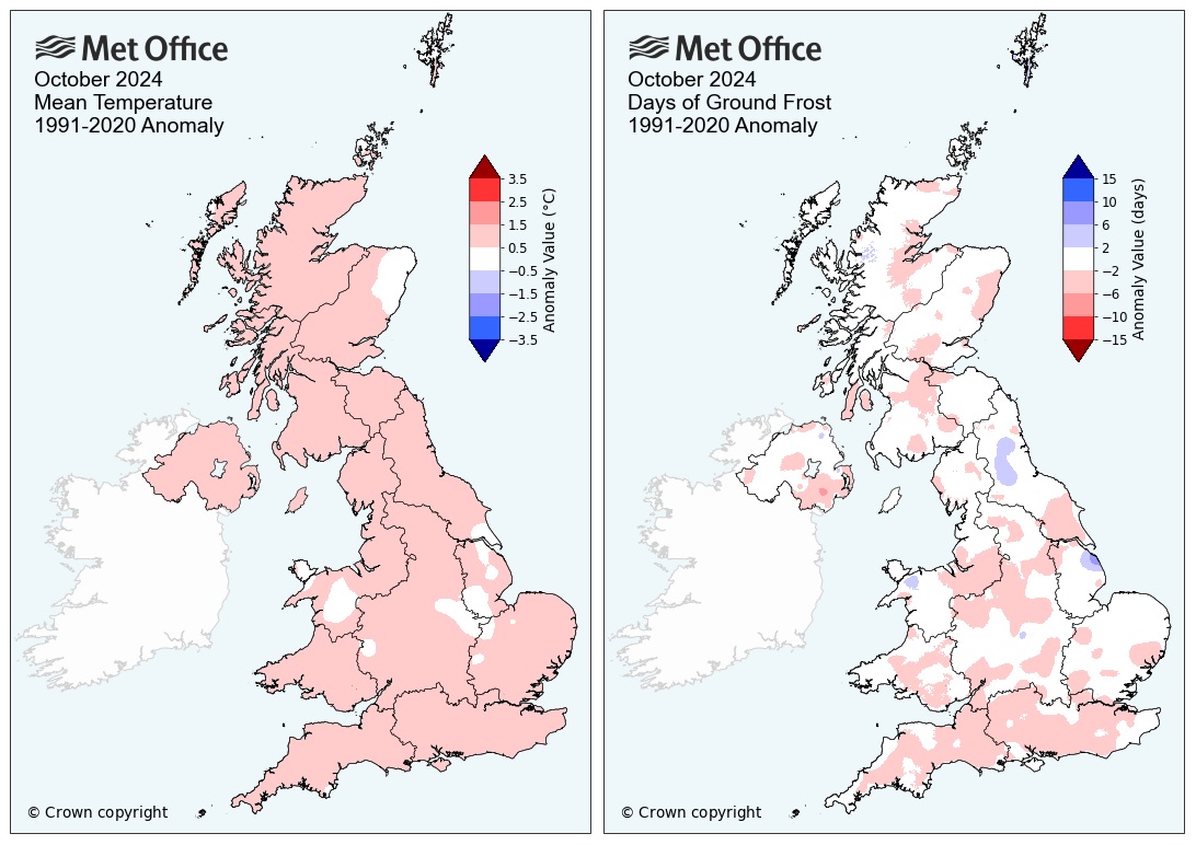 Maps of the UK showing October mean temperature on the left and ground frosts compared to average on the right. Nearly all of the UK is a light pink in the right hand map indicating the UK was just above average for mean temperature. There are large patches of pink in the right hand map indicating many regions of the UK had less ground frosts than average through October 2024, especially in southern England.