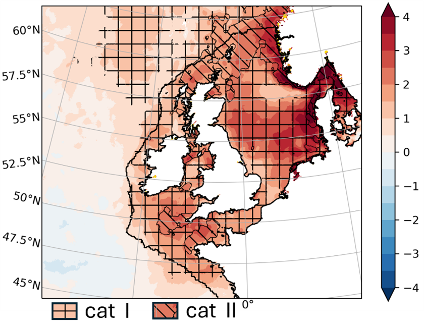 Map of Europe showing the sea surface temperature anomaly for May 2024. The map shows reds across the North Sea and surrounding near coast around the whole of the UK. The darkest reds depicting the highest above average are across the North Sea.