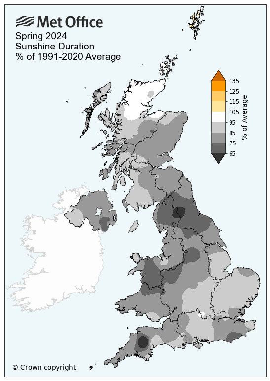 Map of the UK showing sunshine hours for Spring 2024. The map is nearly all grey meaning the UK had below average sunshine hours in Spring 2024 with particular dull spots shown in darker grey across the south west of England and northern England.