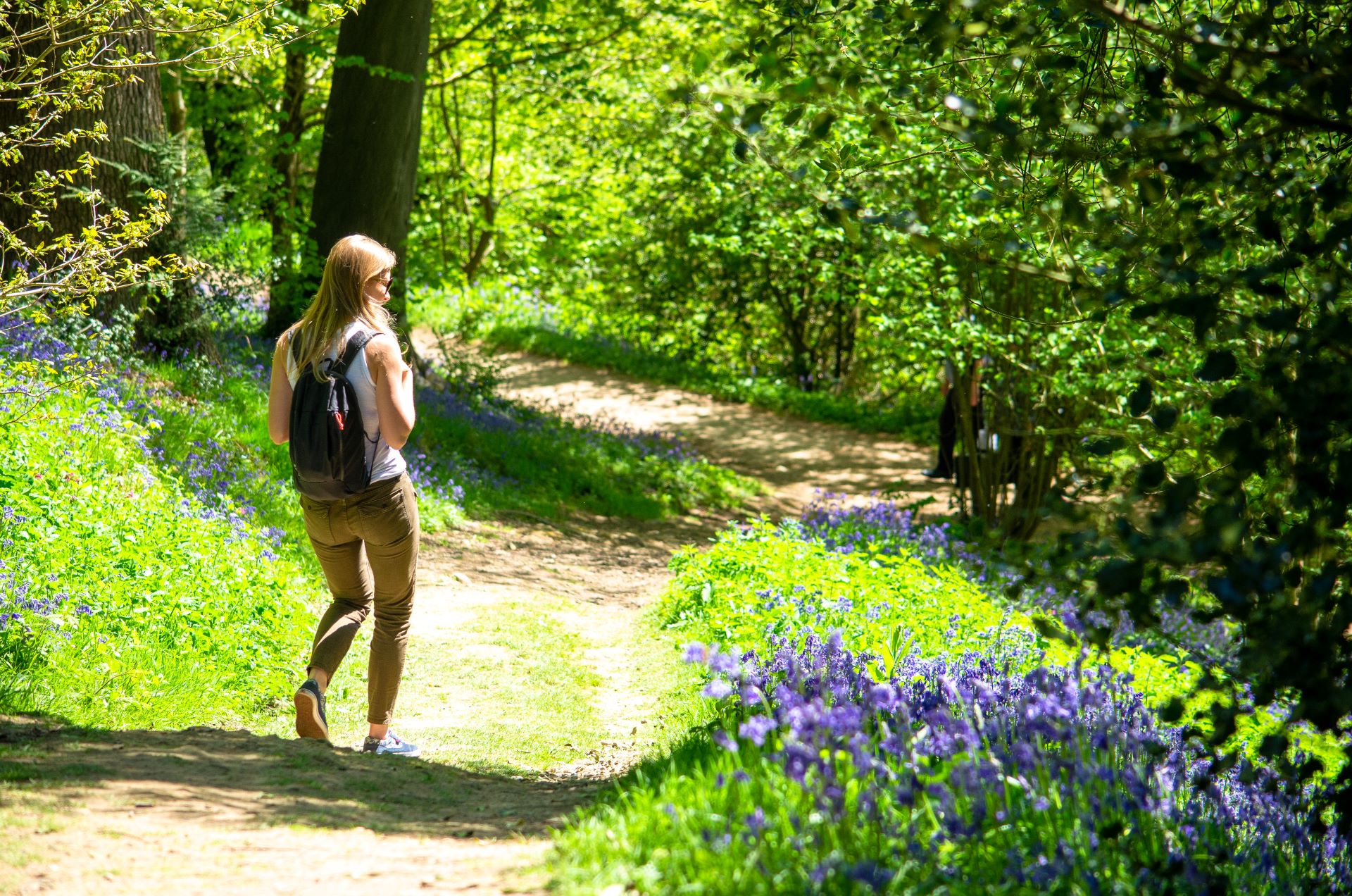 Woman walking through a woodland on a path with a backpack on, bluebells are on her right hand side with bright green leaves on the trees above her.