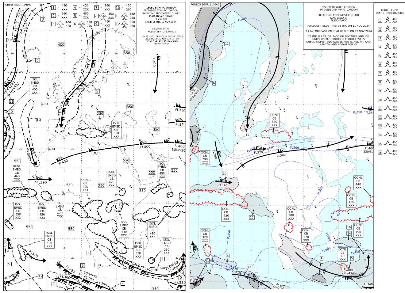 Two charts showing new significant weather charts (SIGWX) and on the current SIGWX.