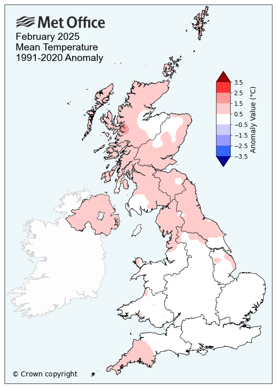 Map showing February 2025 mean temperatures compared to the long term average. The map shows average conditions in the south, and slightly above average further north.