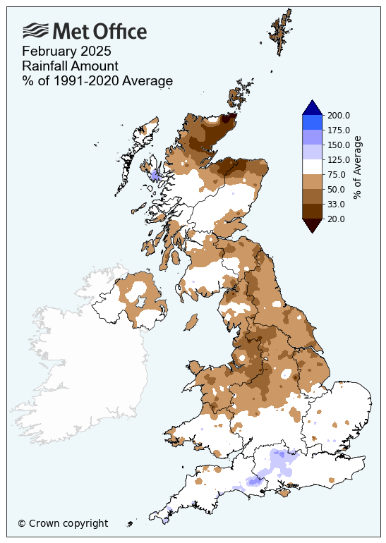 Map of UK's February 2025 rainfall compared to average. The map shows drier than average conditions in the north, and closer to average further south.