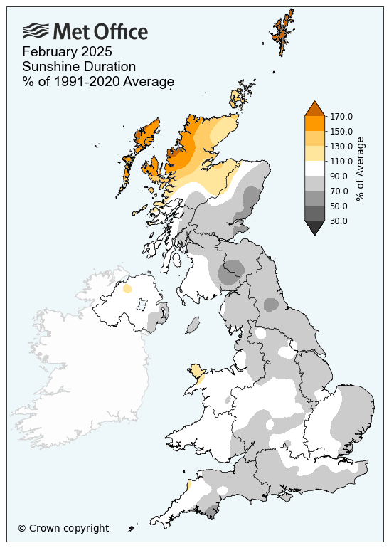 Map showing February 2025 sunshine compared to average. The map shows a duller than average month, except for the north of Scotland.